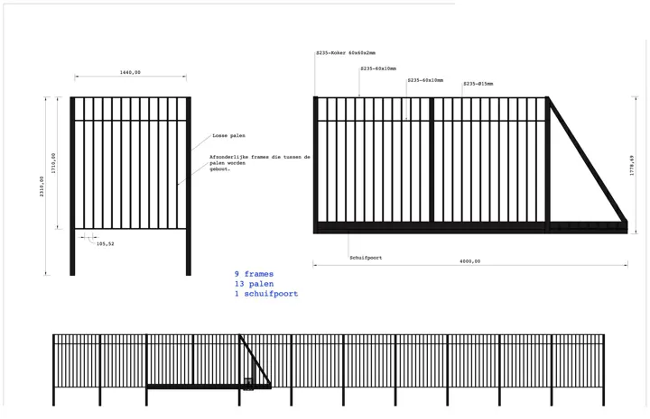 Fence with a sliding gate: drawing