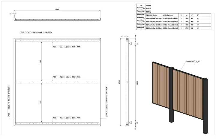 Gate in wood and steel: drawing