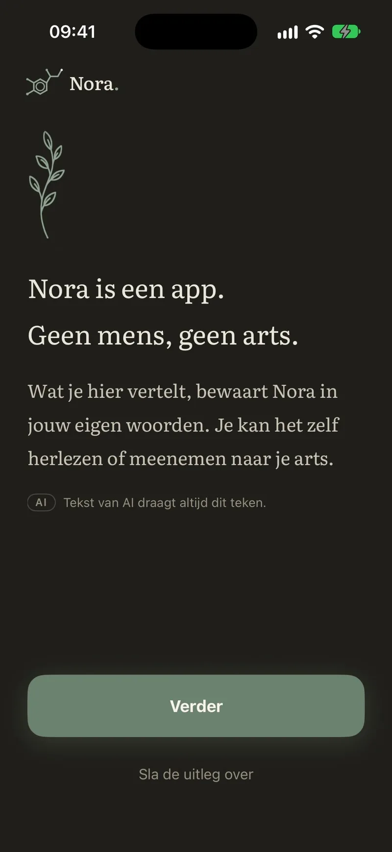 Nora: its calm opening screen