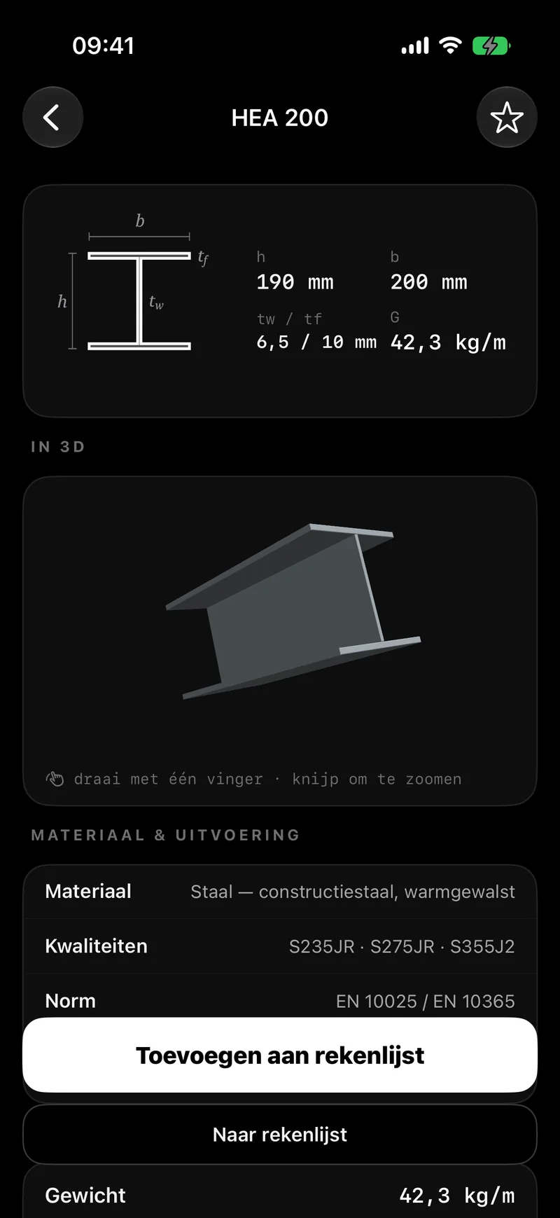 MasMetal: a steel profile with its dimensions, weight and a 3D view